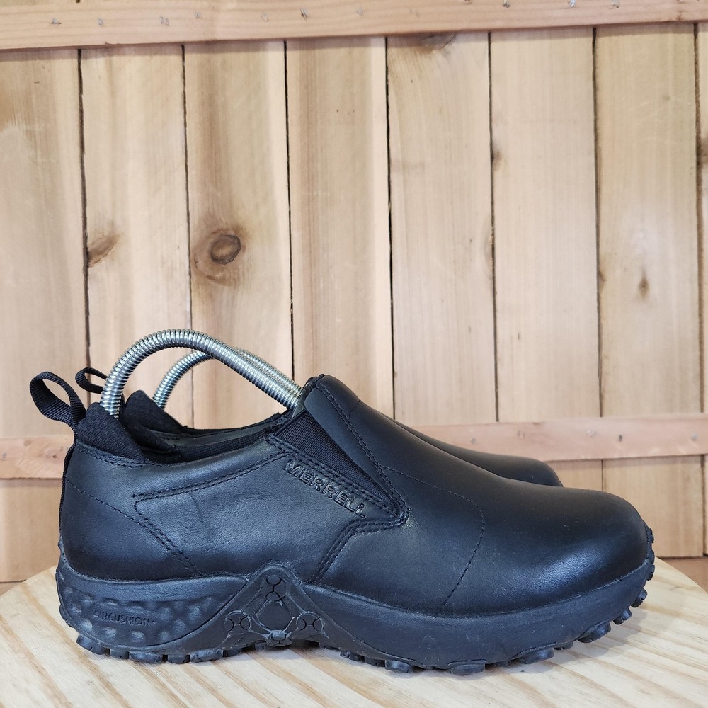 Merrell Jungle Moc Shoes Mens 7.5 Black Leather Slip On Work Comfort Walking - Picture 3 of 10